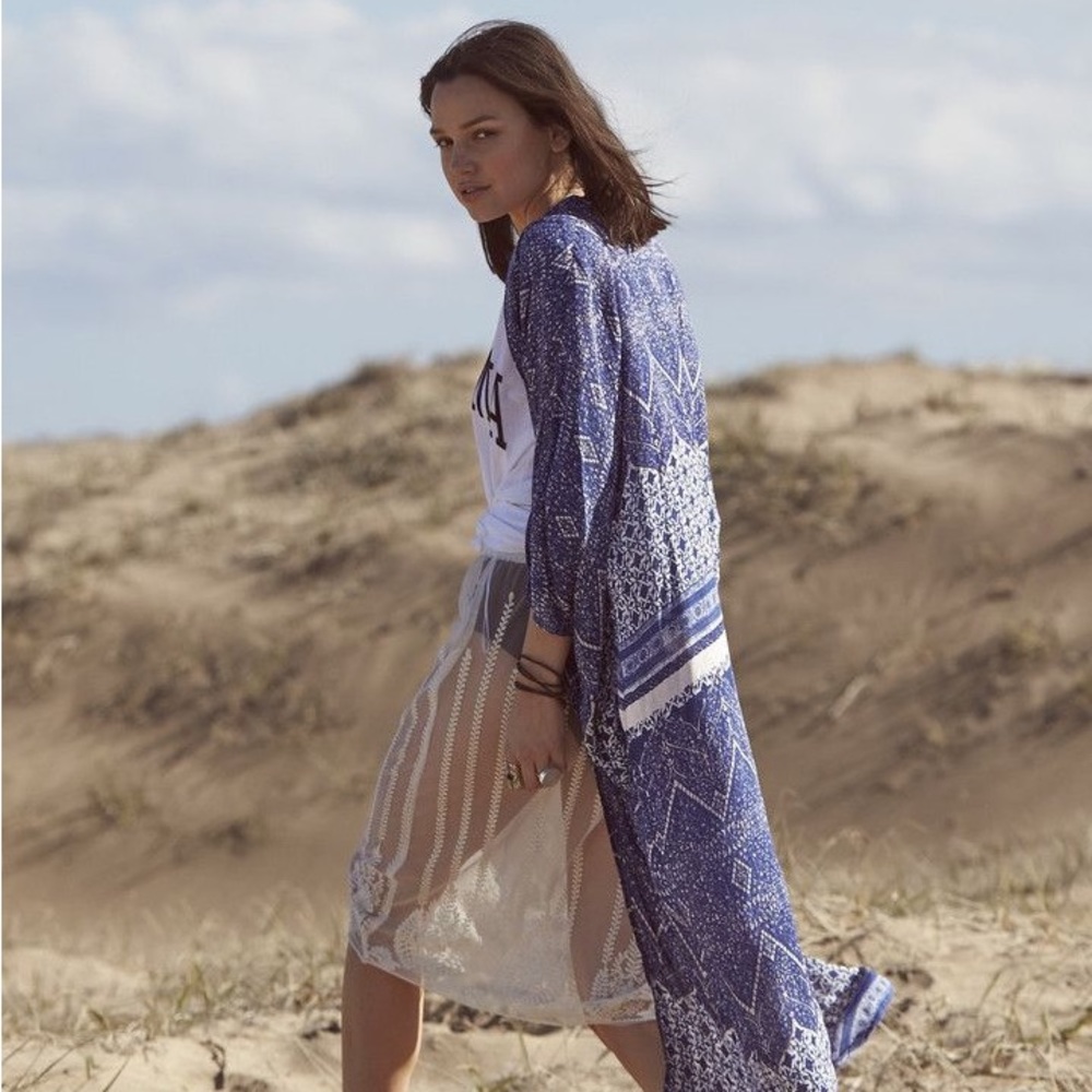 Auguste The Label Swim Long Flowy Duster Kimono in Navy Wonder size US 2